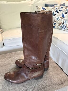 Nine West Brown Leather Tall Riding Boots with Buckle Accent